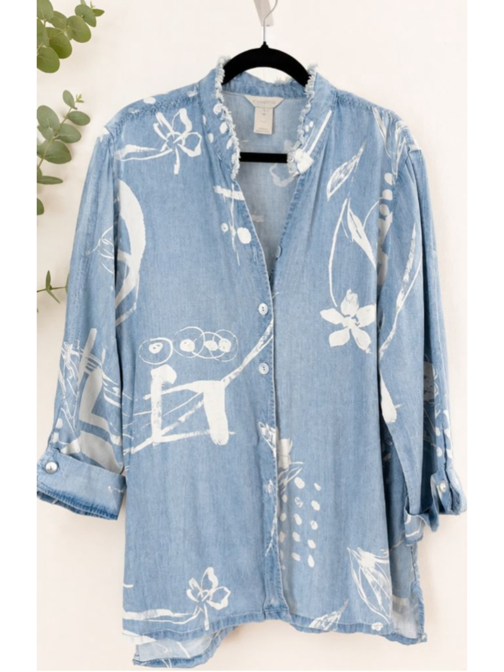 Multiples Chambray Lyocell Abstract Floral Button Tunic Blouse 1X
